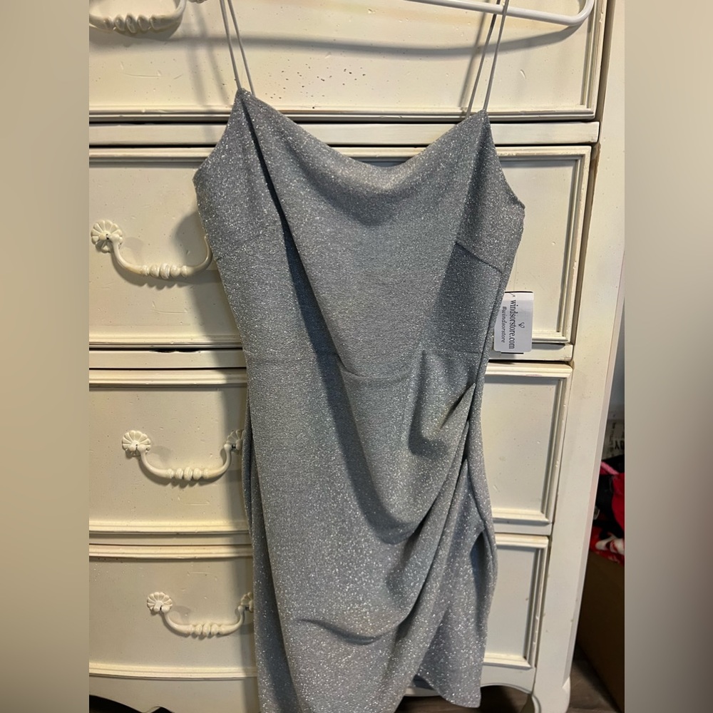BRAND NEW WITH TAGS windsor heather silver mini asymmetrical dress